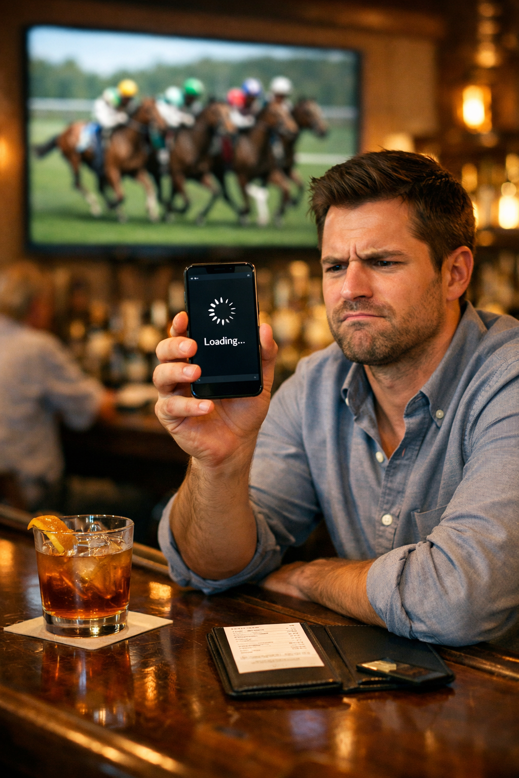 Man at a restaurant bar frustrated with his phone while a horse race plays on the TV behind him