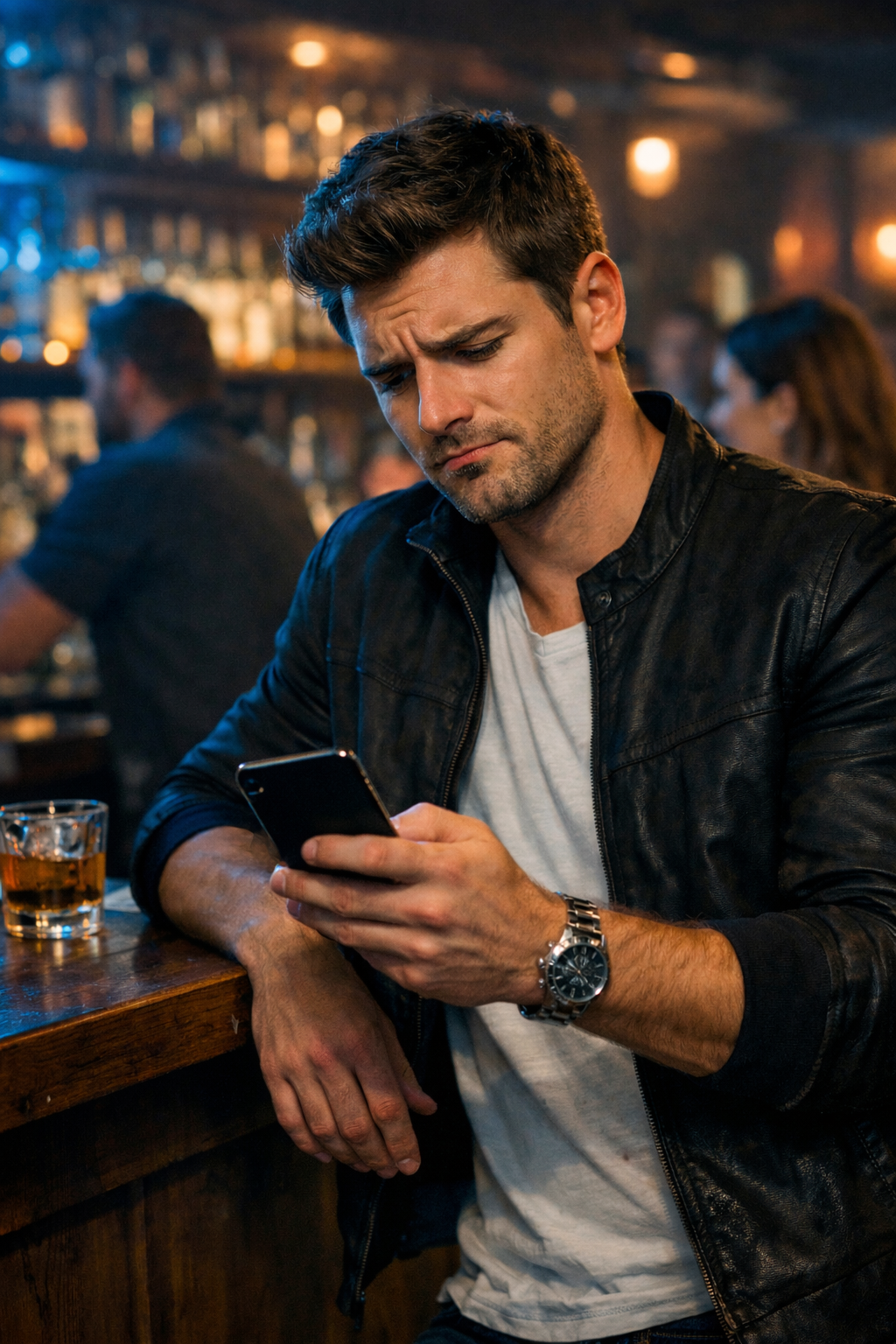 Man at a crowded bar looking at his phone stuck on sending a text message