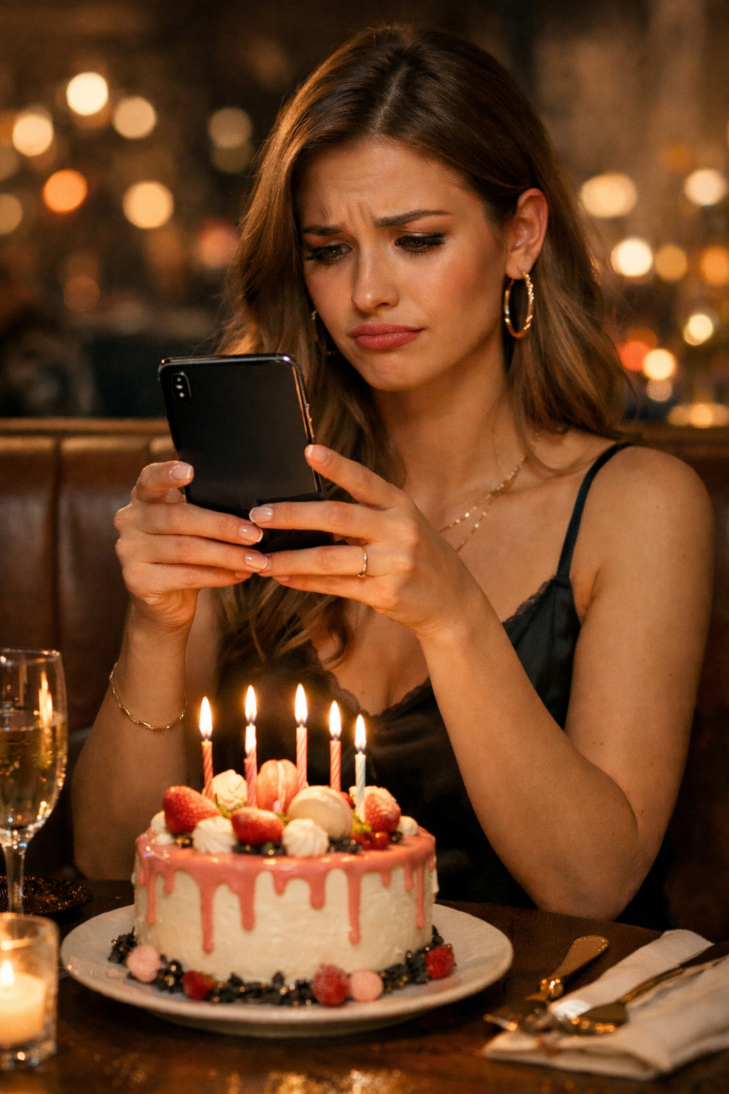 Woman at a restaurant looking disappointed at her phone showing an upload error next to a birthday cake